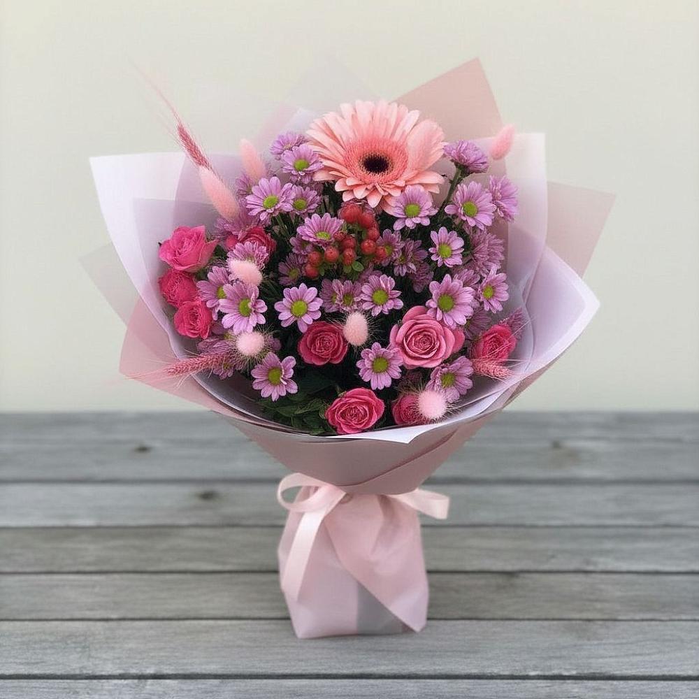 Букет цветов из: Розы, Герберы и Хризантемы в Арти